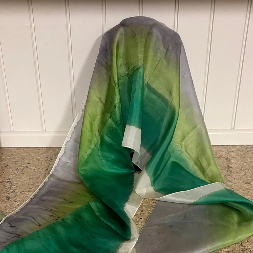 Elegant Green, Cream and Gray Silk Oblong Scarf. Perfect for St. Patrick’s Day!